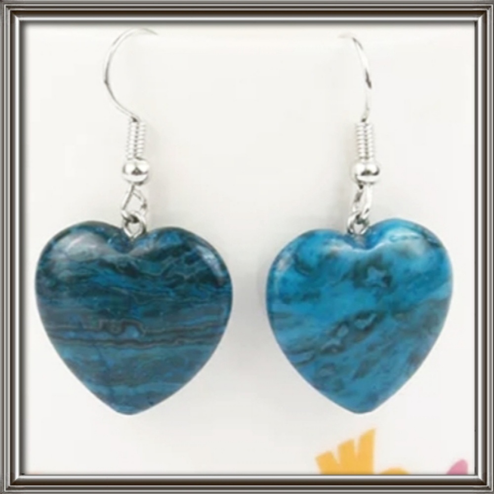 Heart crazy blue Agate earrings natural stone.